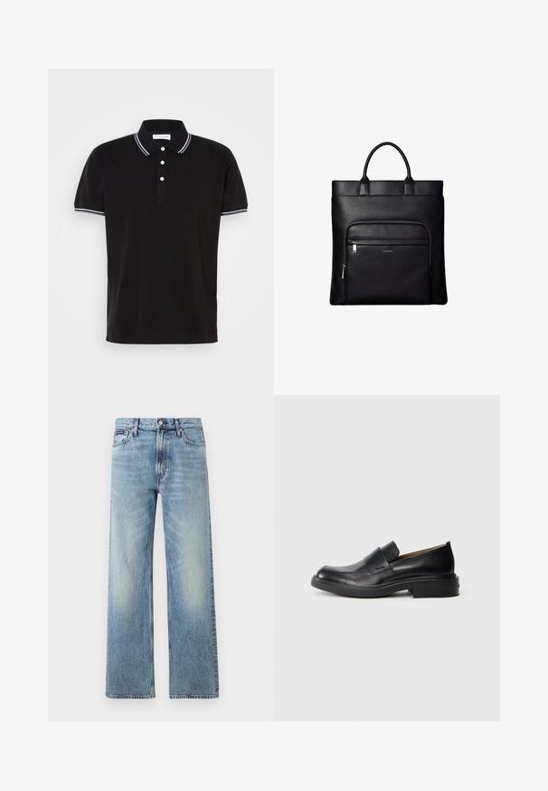 Zwarte polo shirt van katoen, met een drie-knopen sluiting, witte afwerking op de kraag en mouwen, en subtiele logo-detailing.; Lichtblauwe denim jeans met rechte pijpen, een hoge taille, vijf zakken, knoopsluiting en subtiele vervaging op de dijen en knieën.; Zwarte leren instap schoenen met een lage hak en subtiel Calvin Klein-logo aan de zijkant, weergegeven in profiel op een witte achtergrond.; Zwarte leren tote bag met bovenhandvatten en een voorvak met ritssluiting met een klein Calvin Klein-logo op het vak.