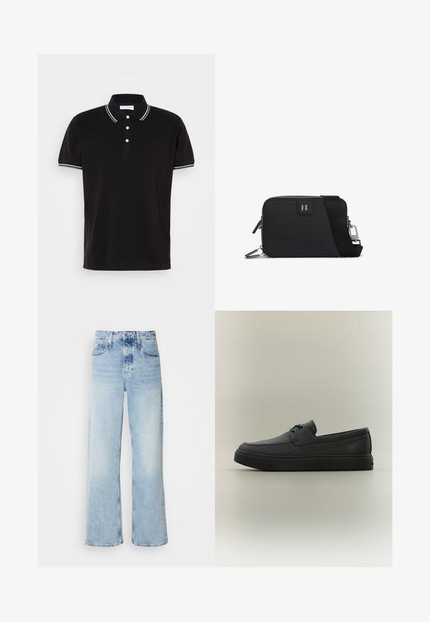 Sort polo-shirt lavet af bomuld, med en tre-knaps lukning, hvid kant på kraven og ærmerne samt diskret logodetaljering.; Lysblå vide jeans med høj talje, der har en falmet finish, bæltestropper og klassisk fem-lomme design. Kantene er rå.; Sort afslappet læderloafer med snøredetaljer og tyk gummisål, vist fra siden på en neutral baggrund.; Sort rektangulær taske lavet af tekstureret materiale, med lynlås lukning, justerbar rem og en logo-patch på fronten.