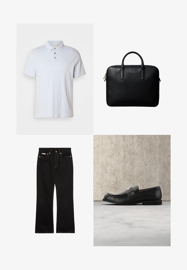 Lichtblauwe polo van katoen, met een drieknopenlijst, een opstaande kraag, korte mouwen en een klein logo op de borst.; Zwarte jeans met rechte pijpen, oranje stiksels, vijf zakken, knoopsluiting en een klein Calvin Klein-label op de voorste rechterzak.; Zwarte leren loafer met een metalen merktekenplaatje, rustend bij een bruine ronde tafel op een beige tapijtvloer.; Zwarte gestructureerde leren aktetas met dubbele handvatten en zilveren ritstrekkers, gecentreerd op een witte achtergrond.