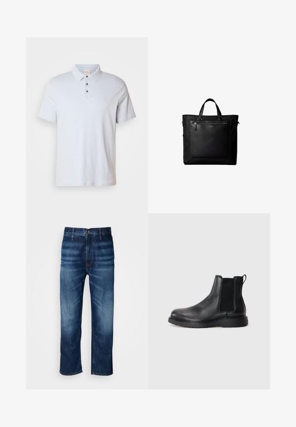Hele sinine polo särk, mis on valmistatud puuvillast, sisaldab kolme nupuga pealist, volditud kraed, lühikesi varrukaid ja väikest logo rinnal.; Tumedat sinised sirged jalad denim teksad, millel on reitel kerge pleekimine ja nööp kinnitusega taljes, esitatud valgel taustal.; Mustad mustad Chelsea saapad, millel on tekstuuriga viimistlus, elastsed külgtaskud ja vastupidav kummist tald. Discreetne bränding kontsapuntšel.; Must kahe käepidemega kandekott, suur esiosa nahast tasku tõmblukuga ja diskreetne Calvin Kleini logo tasku keskel.