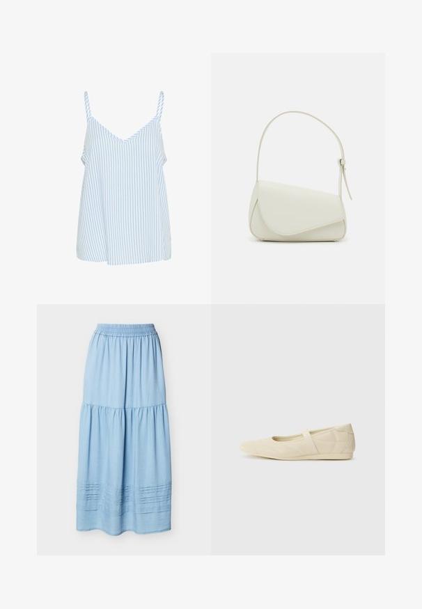 Blauw en wit gestreepte tanktop met dunne schouderbandjes, met een V-hals ontwerp en een losse, vloeiende vorm. Zachte stof textuur.; Lichtblauwe maxirok met laagjes, elastische tailleband en horizontale plooidetails nabij de zoom.; Beige ballerina's met een gladde leren buitenkant, amandelvormige punt en elastische band over de wreef, met subtiele stiksels.; Witte nepleren handtas met een gestructureerde driehoekige vorm, een enkele verstelbare schouderriem en een klep met ronde accenten.