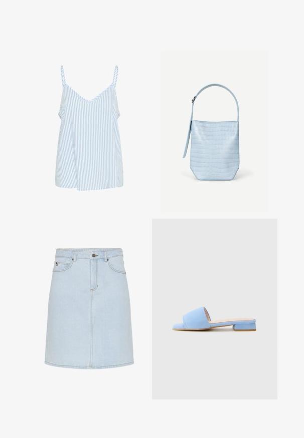 Blauw en wit gestreepte tanktop met dunne schouderbandjes, met een V-hals ontwerp en een losse, vloeiende vorm. Zachte stof textuur.; Lichtblauwe denim rok met knopen aan de voorkant, ritssluiting, riemlussen en voorzakken, afgebeeld tegen een witte achtergrond.; Lichtblauwe suède sandaal met een open teen en een brede band. Bevat een korte blokhak en een gladde, platte zool.; Lichtblauwe handtas met krokodillenpatroon, rechthoekige vorm, enkele handgreep bovenaan en een afneembare zijriem, afgebeeld op een effen witte achtergrond.