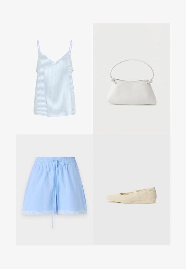 Blauw en wit gestreepte tanktop met dunne schouderbandjes, met een V-hals ontwerp en een losse, vloeiende vorm. Zachte stof textuur.; Lichtblauwe katoenen shorts met een geschroduceerde tailleband, trekkoorddetail en witte kantafwerking aan de zoom. Zachte textuur en een comfortabele pasvorm.; Beige ballerina's met een gladde leren buitenkant, amandelvormige punt en elastische band over de wreef, met subtiele stiksels.; Witte handtas van gevlochten leer met een afgeronde handgreep en uiteinden van de band die geknoopt zijn, afgebeeld tegen een effen achtergrond.