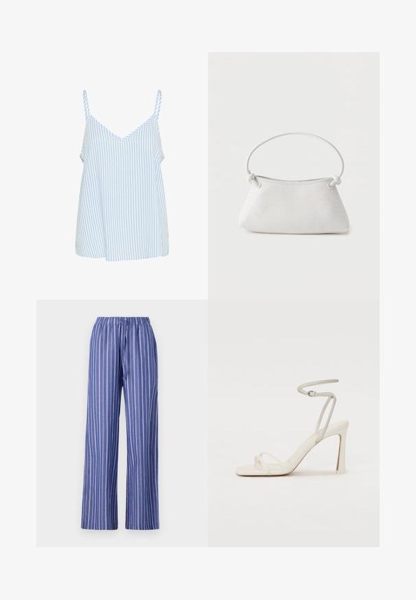 Top de tirantes finos a rayas azules y blancas, con un diseño de cuello en V y una forma suelta y fluida. Textura de tejido suave.; Pantalones de pierna ancha a rayas azul y blanco con cintura elástica, hechos de una tela ligera, que presentan un ajuste relajado y una textura suave.; Sandalia blanca de tacón con una delgada correa en el tobillo y dos correas frontales. Textura de cuero suave con punta cuadrada y tacón brillante.; Bolso de mano de cuero blanco tejido con asa redondeada y extremos de la correa anudados, exhibido sobre un fondo liso.