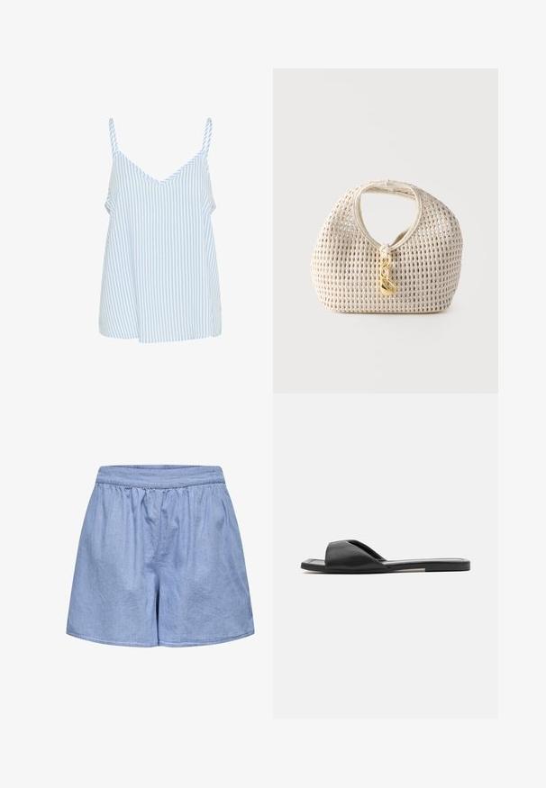 Blå og hvid stribet camisole-top med tynde skulderstropper, der har en V-halsudskæring og en løs, flydende form. Blød stofstruktur.; Blå chambray shorts med elastisk talje, løs pasform og glat tekstur; opfoldede kanter og samlet detalj ved taljen.; Sorte slidesandaler har et glat syntetisk materiale, åben tå-designet og en flad sål med en minimal dekorationsstribe på siden.; Kremfarvet vævet håndtaske med rund form, kort håndtag og dekorativ guldfarvet lås hængende foran i midten.