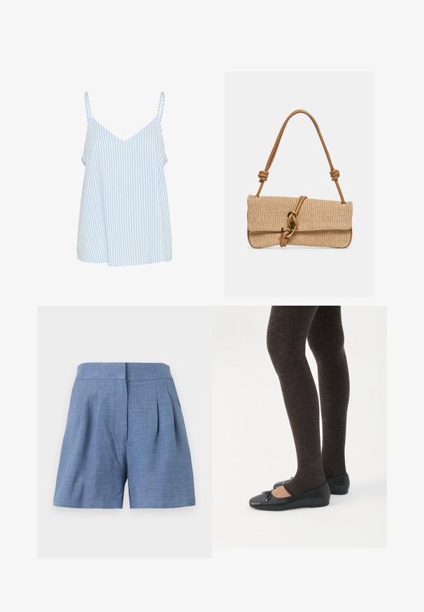 Top de tirantes finos a rayas azules y blancas, con un diseño de cuello en V y una forma suelta y fluida. Textura de tejido suave.; Pantalones cortos azules de talle alto, con pinzas delanteras y cierre de cremallera oculto, confeccionados con tela ligera.; Piernas con leggings oscuros acanalados combinados con bailarinas negras que presentan pequeños detalles de lazo sobre un fondo blanco.; Bolso de mano rectangular tejido en color beige con asa de cuero marrón claro que presenta nudos y un cierre de gancho en tono dorado sobre un fondo liso.