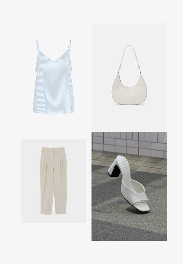 Top de tirantes finos a rayas azules y blancas, con un diseño de cuello en V y una forma suelta y fluida. Textura de tejido suave.; Pantalones beige de talle alto, confeccionados con pinzas, bolsillos laterales, trabillas para cinturón y cierre frontal con cremallera.; Un mule blanco de punta abierta con tacón cuadrado, sobre asfalto gris frente a una pared con azulejos.; Bolso de hombro de cuero crema con forma de media luna, correa delgada y sutil detalle de costuras. Diseño minimalista con acentos de hardware en tono dorado.