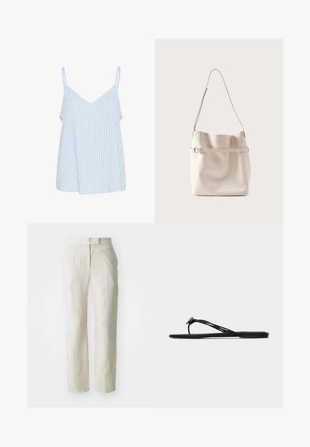 Blå og hvid stribet camisole-top med tynde skulderstropper, der har en V-halsudskæring og en løs, flydende form. Blød stofstruktur.; Hvide linnedbukser med skræddersyet pasform, der har en flad front og lige ben. Glat tekstur med let folderdetalje.; Sort flad thong-sandal med flere tynde stropper og en lille guldfarvet dråbeformet dekoration på den forreste rem.; Skuldertaske i cremefarvet læder med slidt kropsform, justerbar rem og et vandret bælte med spænde i sølv.