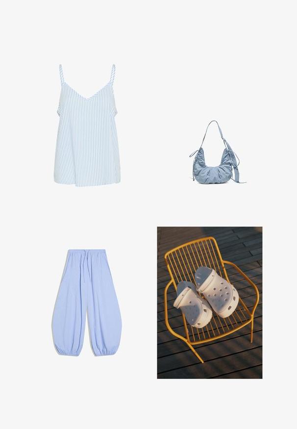 Blå og hvid stribet camisole-top med tynde skulderstropper, der har en V-halsudskæring og en løs, flydende form. Blød stofstruktur.; Lyseblå løstsiddende bukser med elastisk talje og ankelmanchetter, med et diskret ternet mønster og snøre i taljen.; Hvide Crocs træskor har et perforeret design, flade såler og justerbare hælremme, og de står på en gul trådstol mod et trægulv.; Lyseblå blød stof skuldertaske med rynket design, justerbar rem og lille rundt logo på den ene side mod en hvid baggrund.