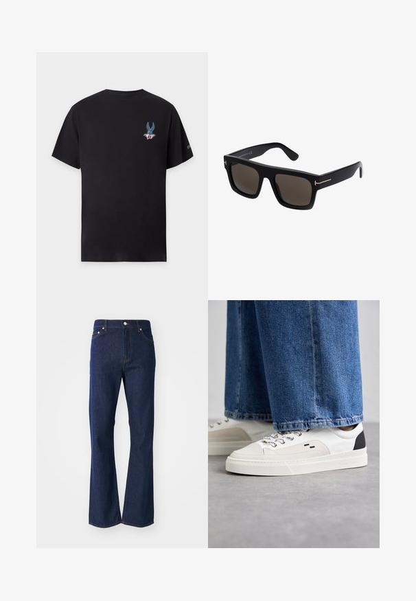 T-shirt noir à manches courtes avec un petit motif coloré du visage de Bugs Bunny sur la poitrine gauche et un petit logo sur la manche droite.; Jeans évasés de couleur bleu foncé en denim. Comprend cinq poches, une fermeture éclair à l'avant et un bouton métallique. Accents de couture classique.; Baskets blanches et noires avec une tige en cuir lisse, des accents texturés et une semelle épaisse blanche. Présentent un design classique à lacets.; Lunettes de soleil noires carrées avec des verres teintés, dotées d'accents dorés sur les branches et d'une texture en plastique lisse.