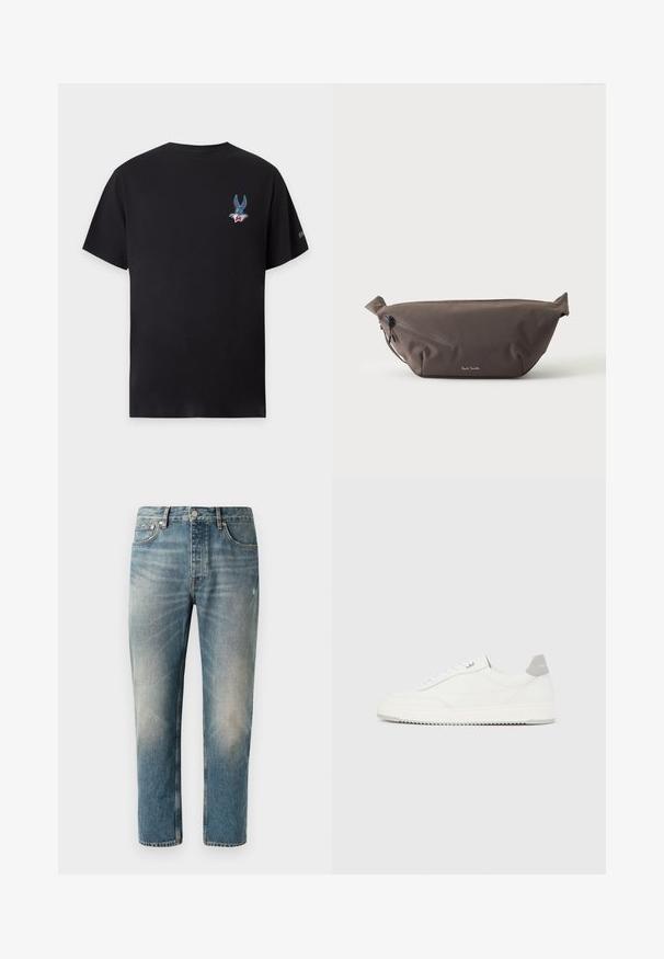 Μαύρο T-shirt με κοντά μανίκια με μικρό πολύχρωμο γραφικό με το πρόσωπο του Μπαγκς Μπάνι στο αριστερό στήθος και μικρό λογότυπο στο δεξί μανίκι.; Ανοιχτού μπλε τζιν παντελόνι με ίσια γραμμή. Διαθέτει κλείσιμο με κουμπί, πέντε τσέπες και διακριτές φθαρμένες περιοχές και ρυτίδες στα μηριά.; Λευκό αθλητικό παπούτσι χαμηλού ύψους με γκρι ταμπ εφφέ στη φτέρνα, λευκά κορδόνια και υφή στη σόλα, απεικονιζόμενο σε απλό ανοιχτόχρωμο φόντο.; Σκούρο καφέ υφασμάτινη τσάντα μέσης με διαγώνια τσέπη με φερμουάρ και μικρό λευκό λογότυπο μπροστά, με φόντο μονόχρωμο ανοιχτό.