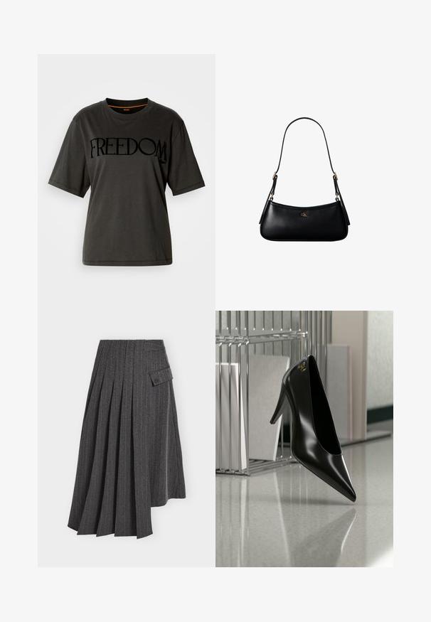 T-shirt noir en coton, coupe oversize, col rond, avec le texte en gras "LIBERTÉ" sur le devant dans une finition mate. Manches courtes.; Jupe plissée gris foncé avec des fines rayures verticales et un ourlet asymétrique comportant une petite poche à rabat sur un côté.; Chaussure noire à talon haut avec bout pointu et logo doré, posée sur une surface réfléchissante près d'un organiseur de dossiers en fil chromé contenant des documents.; Mini sac à bandoulière en cuir noir avec une fine bandoulière et un petit logo CK doré au centre avant.