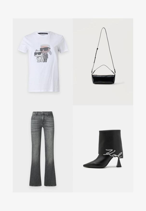 Hvid bomuld T-shirt med et grafisk design, der viser en karakter og en kat iført solbriller, accentueret med sorte og grå detaljer.; Grå flagrende jeans lavet af denim med en mellemhøj talje, subtilt slid og klassisk fem-lommers design.; Sort læderankelstøvle med spids tå, høj blokhælsås og en foldet overdel med et sølvfarvet "Zaul" logo.; Sort rektangulær læder crossbody-taske med justerbar skulderrem, top lynlås og lille gyldent Calvin Klein-logo foran.