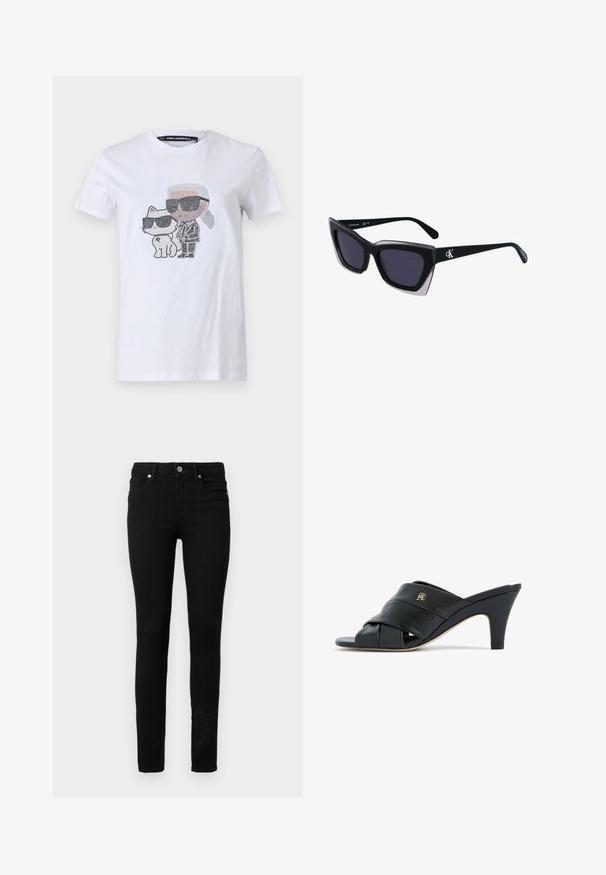 T-shirt blanc en coton avec un design graphique représentant un personnage et un chat portant des lunettes de soleil, rehaussé de détails noirs et gris.; Jean skinny noir en denim, avec une fermeture à bouton et zip sur le devant, cinq poches et une texture lisse.; Mule à talon ouvert en cuir noir avec des lanières croisées et un petit logo métallique sur le côté, talon conique de hauteur moyenne, bord de semelle beige.; Lunettes de soleil noires surdimensionnées avec une forme géométrique, dotées de verres foncés et d'un détail gris contrastant sur la monture. Logo sur la branche.