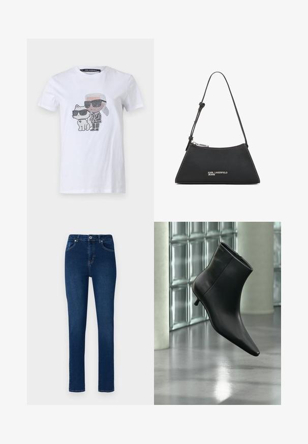 T-shirt blanc en coton avec un design graphique représentant un personnage et un chat portant des lunettes de soleil, rehaussé de détails noirs et gris.; Jeans en denim bleu foncé avec une coupe slim. Les caractéristiques incluent une taille à boutons, cinq poches et des détails de couture minimaux.; Bottine en cuir noir à bout pointu et petit talon kitten, présentée en angle devant un sol poli et un mur en blocs de verre.; Sac à main en cuir noir avec une forme triangulaire, doté d'une fermeture éclair en métal argenté, de coutures blanches et d'un logo "KARL LAGERFELD JEANS" à l'avant.