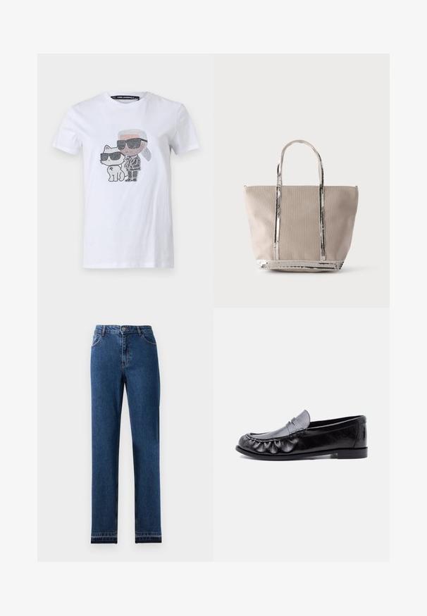 T-shirt blanc en coton avec un design graphique représentant un personnage et un chat portant des lunettes de soleil, rehaussé de détails noirs et gris.; Jean en denim bleu avec un design à jambe droite, cinq poches et une fermeture à boutons. Il présente des coutures contrastantes et un léger délavage.; Mocassin pour hommes en cuir noir avec bride à monnaie et surpiqûres détaillées le long de l'avant-pointu arrondi, semelle plate et talon bas.; Sac tote beige avec bordure en sequins argentés brillants sur les anses et le bas, présenté sur un fond uni clair.