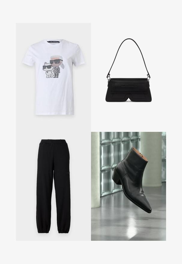 Hvid bomuld T-shirt med et grafisk design, der viser en karakter og en kat iført solbriller, accentueret med sorte og grå detaljer.; Sorte sweatpants lavet af en bomuldsblanding, med elastisk talje og manchetter ved anklerne. Diskret logo-detalje på siden.; Sort læderankelstøvle med spids tå og blokhæl, der svæver over en reflekterende grå gulv nær en væg af glasblokke.; Sort skuldertaske formet som en trapez med klap, præget logo foran og en enkelt tynd strop fastgjort med sølvringe.