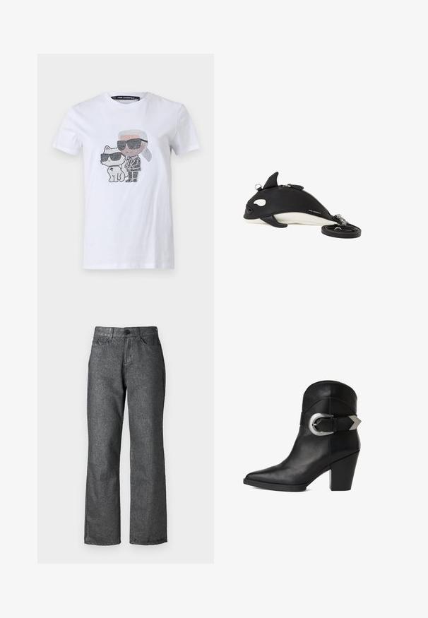 Hvid bomuld T-shirt med et grafisk design, der viser en karakter og en kat iført solbriller, accentueret med sorte og grå detaljer.; Grå denim jeans med en let glans, lige ben design, fem lommer, knaplukning og synlige søm detaljer.; Sort læder ankelsko med spidse tæer, kraftig hæl og en bred rem med en cirkulær sølvspænde på siden. Glat tekstur.; Sort-hvid orkahvalformet skuldertaske med lynlåslukning, små finnerdetaljer og aftagelig rem, der er rullet sammen ved siden af.