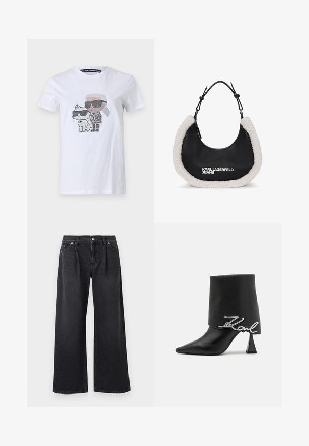 Hvid bomuld T-shirt med et grafisk design, der viser en karakter og en kat iført solbriller, accentueret med sorte og grå detaljer.; Bredde ben sorte jeans lavet af denim, med knaplukning foran, to frontlommer og en ren finish uden pynt.; Sort læderankelstøvle med spids tå, høj blokhælsås og en foldet overdel med et sølvfarvet "Zaul" logo.; Sort håndtaske med blød, hvid imiteret pelskant, med en rund form og en lynlås lukning. "KARL LAGERFELD JEANS" logoet er tydeligt vist.
