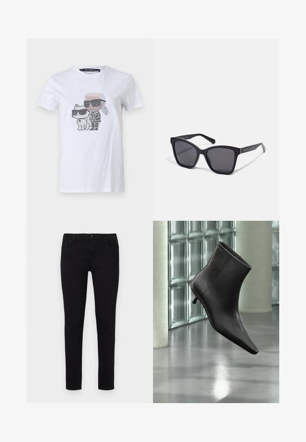 Hvid bomuld T-shirt med et grafisk design, der viser en karakter og en kat iført solbriller, accentueret med sorte og grå detaljer.; Sorte slim fit jeans lavet af en bomuldsblandingsstof, med en frontlukning med knap og lynlås, fem lommer og en glat overflade.; Sort læderankelstøvle med spids tå og lille hæl vist mod en væg af glasblokke og poleret gulv baggrund.; Sorte rektangulære solbriller med mørke linser og blanke stel. Har sølvfarvet branding langs siden. Firkantet form med robuste arme.