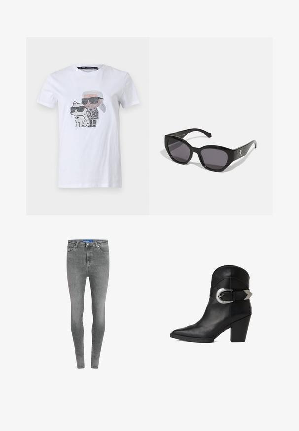 T-shirt blanc en coton avec un design graphique représentant un personnage et un chat portant des lunettes de soleil, rehaussé de détails noirs et gris.; Jeans skinny taille haute en denim gris clair. Comprend cinq poches, fermeture à bouton en métal et des détails légèrement décolorés le long des jambes.; Bottine en cuir noir avec un bout pointu, un talon épais et une large sangle ornée d'une boucle circulaire en argent sur le côté. Texture lisse.; Lunettes de soleil noires au design lisse et angulaire, avec des verres foncés et un logo en argent contrastant sur le côté. Texture en plastique lisse.