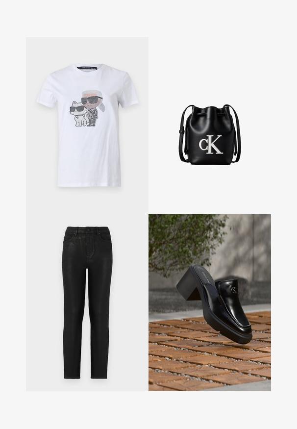 T-shirt blanc en coton avec un design graphique représentant un personnage et un chat portant des lunettes de soleil, rehaussé de détails noirs et gris.; Jean denim noir avec une coupe slim, doté d'une taille haute, d'un design cinq poches classique et d'une texture légèrement brillante. Fermeture par bouton à l'avant standard.; Mule slip-on en cuir noir Calvin Klein avec talon bloc reposant sur des carreaux en bois à l'extérieur près d'une plante verte et d'un mur gris.; Sac seau en cuir noir avec cordon de serrage en haut et logo blanc "cK" sur le devant, doté d’une bandoulière réglable.