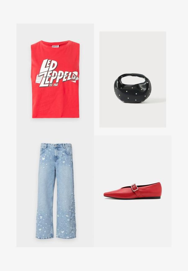 Camiseta sin mangas roja hecha de algodón. Presenta una gran impresión gráfica de "LED ZEPPELIN" con un símbolo de pez y "EST. 1968" en blanco.; Jeans de mezclilla de tiro ancho en azul claro, con parches desgastados y bordes deshilachados, que cuentan con cinco bolsillos y un cierre frontal de botones.; Zapato plano de cuero rojo con punta afilada, que presenta una correa lateral con una hebilla de metal y un tacón bajo negro. Textura suave en toda su superficie.; Bolso de mano de cuero negro con forma redondeada, decorado con detalles de tachuelas plateadas y un asa corta. Textura lisa y cierre con cremallera.