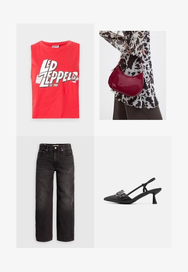 T-shirt sans manches rouge en coton. Présente un grand imprimé graphique de "LED ZEPPELIN" avec un symbole de poisson et "EST. 1968" en blanc.; Levi's® BAGGY DAD - Jean baggy - shrink up; Simmi London DALA - Escarpins - black; Femme portant un chemisier à motif noir et blanc tenant un sac à main rouge brillant sur un fond uni.