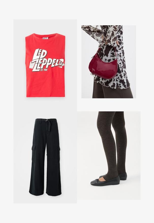 T-shirt sans manches rouge en coton. Présente un grand imprimé graphique de "LED ZEPPELIN" avec un symbole de poisson et "EST. 1968" en blanc.; Pantalons cargo larges noirs en coton avec ceinture à nouer, dotés de deux poches latérales et d'une texture de tissu lisse.; Jambes portant des leggings côtelés foncés associés à des ballerines noires avec de petits détails en nœud sur fond blanc.; Femme portant un chemisier à motif noir et blanc tenant un sac à main rouge brillant sur un fond uni.