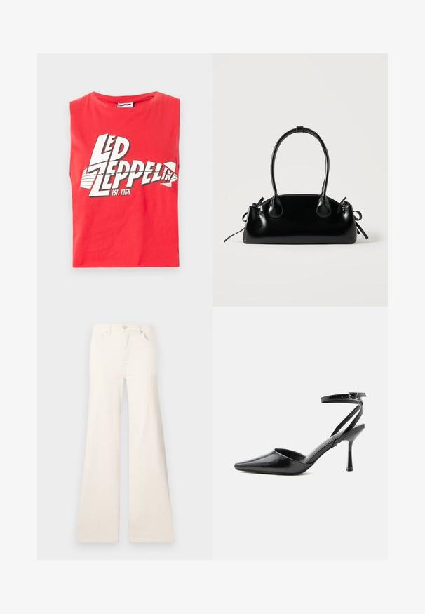 T-shirt sans manches rouge en coton. Présente un grand imprimé graphique de "LED ZEPPELIN" avec un symbole de poisson et "EST. 1968" en blanc.; ONLY Wide-fit ONLMADISON High waist Wide Leg Fit - Wide Leg - ecru; Escarpin noir à bout pointu avec fines brides de cheville et fermeture à boucle argentée sur fond clair uni.; Petit sac à main noir brillant avec deux longues anses et des détails à cordon sur les côtés sur un fond clair uni.