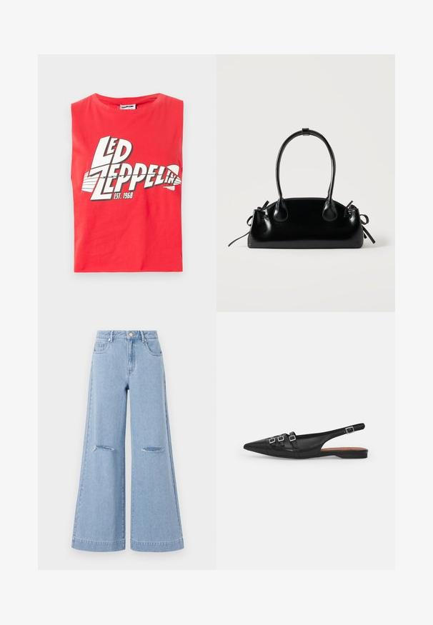 Camiseta sin mangas roja hecha de algodón. Presenta una gran impresión gráfica de "LED ZEPPELIN" con un símbolo de pez y "EST. 1968" en blanco.; Jeans de pernera ancha de color azul claro con una cintura alta, que cuentan con dos bolsillos frontales y dos detalles de rodillas rasgadas, elaborados en material de denim.; Zapato plano slingback de cuero negro con puntera puntiaguda, que presenta dos correas horizontales y hebillas plateadas cuadradas, tacón bajo y textura suave.; Pequeño bolso negro brillante con dos asas largas y detalles de cordón lateral sobre un fondo claro liso.