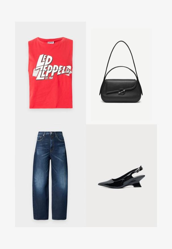 T-shirt sans manches rouge en coton. Présente un grand imprimé graphique de "LED ZEPPELIN" avec un symbole de poisson et "EST. 1968" en blanc.; Jean en denim bleu foncé avec une coupe évasée, doté d'une fermeture à bouton, de cinq poches et d'une légère décoloration sur les cuisses pour un contraste de texture.; Chaussure slingback en cuir verni noir avec bout pointu et petit talon bloc incliné sur fond clair uni.; Sac à main en cuir noir avec bords arrondis, rabat asymétrique, fermoir circulaire en métal, et des bandoulières courtes et longues.
