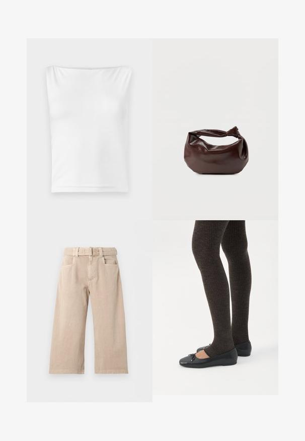 Haut sans manches blanc avec un décolleté droit, fabriqué en tissu lisse, doté d'une silhouette ajustée et sans matériel visible ni motifs.; Pantalon beige à larges jambes avec passants de ceinture, poches latérales et fermeture à boutons sur le devant, présenté sur fond blanc.; Jambes portant des leggings côtelés foncés associés à des ballerines noires avec de petits détails en nœud sur fond blanc.; Sac bandoulière en cuir marron foncé avec une forme souple et décontractée et une anse nouée torsadée sur un fond blanc uni.