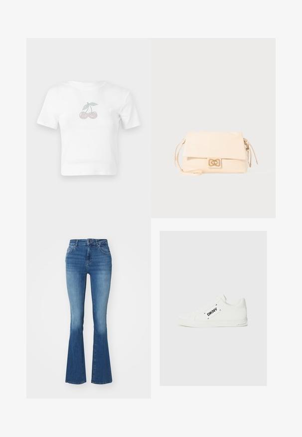 Valkoinen puuvillainen lyhythihainen crop-top, jossa on edessä pinkki- ja vihreäpisteinen kirsikkakuvaus. Lyhyet hihat ja pyöreä pääntie.; Korkeavyotsiset levenevät farkut vaaleansinisestä denimistä, joissa on sileä rakenne, vetoketjulla ja napilla varustettu etusulku sekä kaksi etutaskua.; Valkoiset nahkakengät, joissa on litteä pohja, pyöreä kärki ja musta DKNY-logo sivulla. Sileä pinta, jossa on minimaalista yksityiskohtaisuutta.; Kermainen nahkalaukku, joka on varustettu taitettavalla läpällä, koristeellisella kultaisella kiinnitysmechanismilla ja ohuella, säädettävällä olkahihnalla.