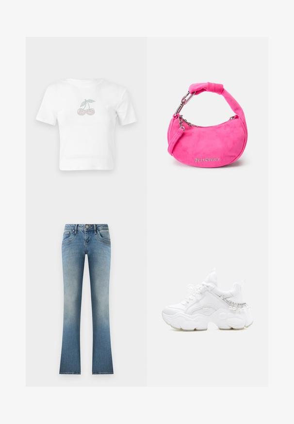 Camiseta corta de algodón blanca con un diseño de cerezas punteadas en rosa y verde en la parte delantera. Mangas cortas y escote redondo.; Jeans de mezclilla de tiro acampanado en azul claro. Presentan un acabado desgastado, cinco bolsillos y un cierre de botón con pasadores para cinturón en la cintura.; Zapatilla blanca de estilo grueso con suela gruesa, cierre de cordones en la parte frontal y detalle de cadena con perlas colgantes en el talón.; Bolso de ante rosa con forma curva, asas cortas acolchadas, herrajes plateados y el logo "Juicy Couture" en cursiva en la parte delantera.