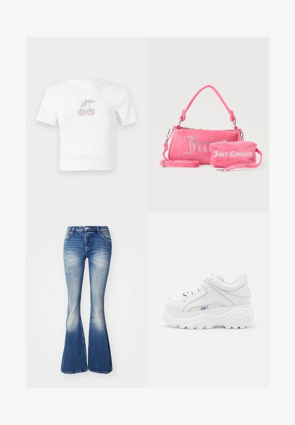 Camiseta corta de algodón blanca con un diseño de cerezas punteadas en rosa y verde en la parte delantera. Mangas cortas y escote redondo.; Jeans acampanados azules de mezclilla con un lavado desgastado. Incluyen una cintura ajustada, diseño de cinco bolsillos y ligero desgaste en los dobladillos.; Zapatillas deportivas blancas de plataforma fabricadas en material sintético, con un acabado suave, suela gruesa y detalles de costura sutiles. Destacadas con un logo.; Dos bolsos rosas de Juicy Couture, uno más grande con letras de cristal y un asa, y otro más pequeño con letras blancas y una correa para la muñeca, sobre un fondo gris.