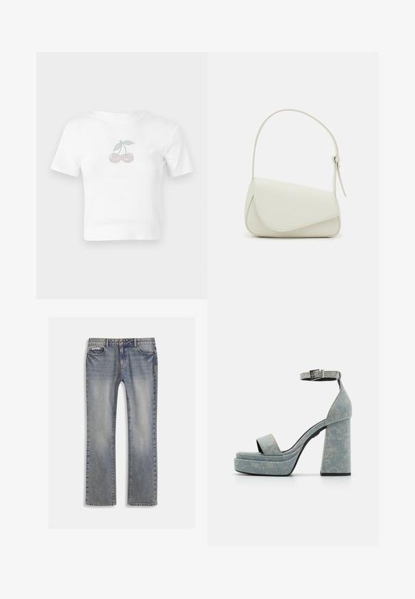 Hvid bomulds cropped t-shirt med et prikket kirsebærmotiv i pink og grøn foran. Korte ærmer og rund halsudskæring.; Lyseblå denimjeans med lige ben, falmet tekstur, fem lommer og kontrasterende syning.; Denim platform-sandaler med en tyk blokhæl, åben tå og ankelrem med en metalspænde. Lys blå med subtil tekstur.; Hvid taske i faux læder med en struktureret trekantet form, enkelt justerbart skulderstrop og en flaplås med kurver.