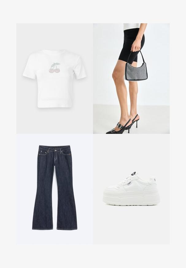 Hvid bomulds cropped t-shirt med et prikket kirsebærmotiv i pink og grøn foran. Korte ærmer og rund halsudskæring.; Mørkeblå denim jeans med en let vidde forneden, med forlommer, knap og synlige syningsdetaljer.; Hvide platform sneakers med en glat syntetisk overflade, rund tå, polstret krave og tekstureret sål. Har et kontrasterende logo-tag.; Sort perlehandtaske med en buet silhuet, bærehåndtag og blank overflade. Båret med højhælede sorte sko og tætsiddende sorte shorts.