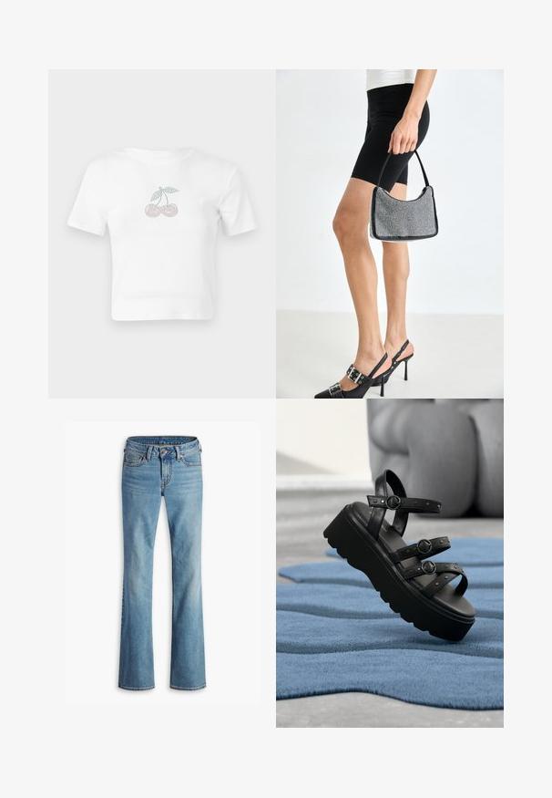 Hvid bomulds cropped t-shirt med et prikket kirsebærmotiv i pink og grøn foran. Korte ærmer og rund halsudskæring.; Lyseblå denim jeans med høj talje, frontlukning med knap og lynlås, fem lommer og let udvidede ben.; Sort platform-sandal med tre justerbare remme med spænder, placeret på en tekstureret blå tæppe med sløret baggrund.; Sort perlehandtaske med en buet silhuet, bærehåndtag og blank overflade. Båret med højhælede sorte sko og tætsiddende sorte shorts.