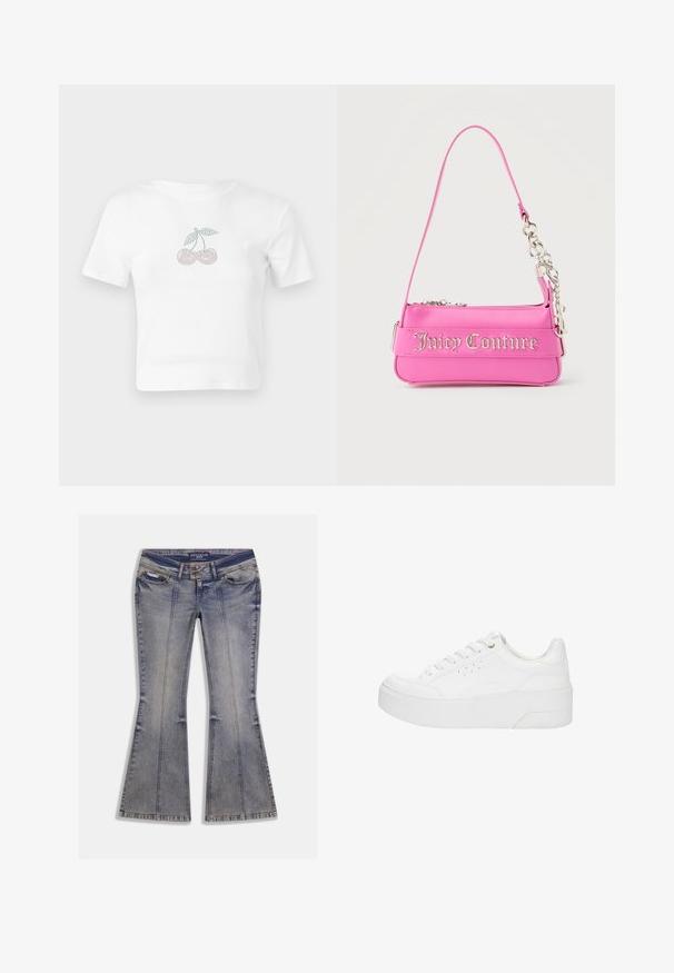 Hvid bomulds cropped t-shirt med et prikket kirsebærmotiv i pink og grøn foran. Korte ærmer og rund halsudskæring.; Denim jeans med vidde i lys blå med falmede pletter, forlommer og kontrastsyning. Har lynlås og mærketalje.; Hvid platform-sneaker med snørelukning foran, perforerede detaljer på siden og tyk sål, vist fra ydersiden på en hvid baggrund.; Lille lys pink Juicy Couture håndtaske med sølvkædedetalje og logotekst på forsiden, enkelt smalt skulderrem.