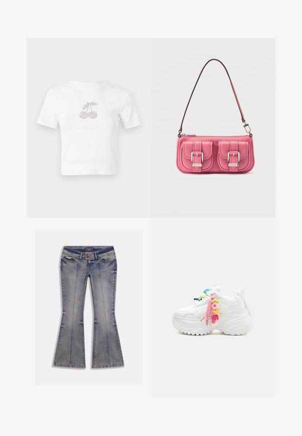 Hvid bomulds cropped t-shirt med et prikket kirsebærmotiv i pink og grøn foran. Korte ærmer og rund halsudskæring.; Denim jeans med vidde i lys blå med falmede pletter, forlommer og kontrastsyning. Har lynlås og mærketalje.; Chunky hvid sneaker med tyk sål og farverigt perlepynt med "LOVE" fastgjort til lyserødt skosnøre på en ensfarvet baggrund.; Lyserød læderhåndtaske med to forlommer, sølvfarvet hardware og en lang rem. Tekstureret overflade og lynlås lukning øverst.