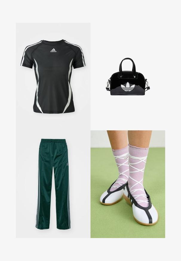 Sort Adidas atletisk T-shirt med korte ærmer, hvide striber på skuldrene og sølvfarvede buede detaljer på siderne.; Mørkegrønne træningsbukser lavet af skinnende materiale, med sidelister i lys grå og et broderet logo på venstre ben.; Ben iført ribbet lilla sokker med hvide krydsede stropper kombineret med hvide balletsko med sort kant på grøn gulv.; Sort patentlæder håndtaske med rund form, to top-håndtag, sølvdetaljer og en fremtrædende hvid logo på fronten.