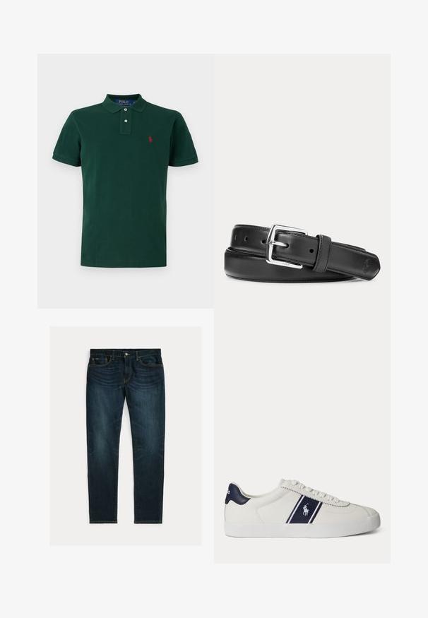 Polo vert foncé à manches courtes avec col, patte de boutonnage à deux boutons et petit logo rouge brodé sur la poitrine gauche.; Jean slim bleu foncé avec légère décoloration et design à cinq poches, posé à plat sur un fond blanc.; Baskets basses blanches avec bande et logo bleu marine sur le côté, languette de talon bleu marine, semelle blanche plate et lacets blancs.; Ceinture en cuir noir avec boucle rectangulaire argentée, roulée sur un fond blanc, avec un logo embossé subtil à l'extrémité.