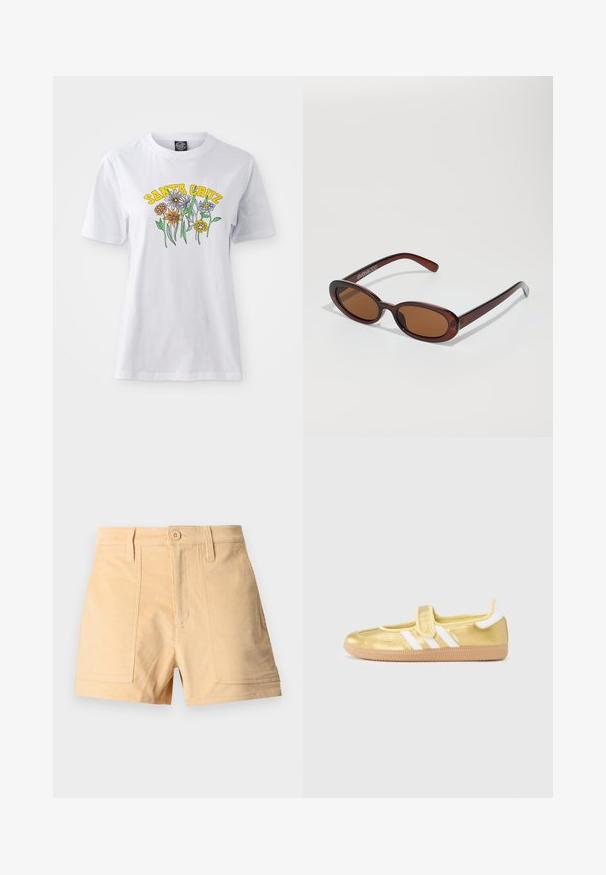 Hvid bomulds T-shirt med et farverigt blomsterdesign og teksten "SANTA CRUZ" i gul, rund halsudskæring, korte ærmer og en afslappet pasform.; Beige kordshorts med forlommelommer, bæltestropper og enkelt knaplukning i taljen.; Guld sneakers med hvide striber og velcrolukning. Glat metallisk finish, rundet tå og tekstureret gummisål.; Runde, bruntonede solbriller med en glansfuld bordeauxramme. Slanke arme med diskret brandingdetalje. Flad linsedesign.