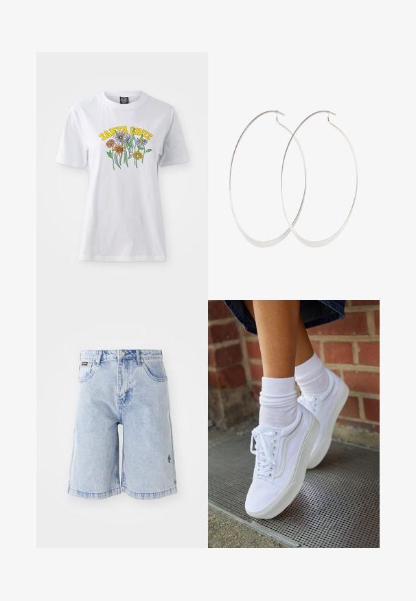 Camiseta de algodón blanca con un colorido diseño floral y el texto "SANTA CRUZ" en amarillo, escote redondo, mangas cortas y un ajuste relajado.; Pantalones cortos de denim azul claro con una cintura alta, corte holgado y bolsillos delanteros. Costuras decorativas y logo de la marca bordado en el costado.; Zapatillas de lona blancas con suelas de goma, que presentan seis ojales, puntera redonda y detalles de costura ligera, combinadas con calcetines blancos hasta el tobillo.; Pendientes de aro plateados con un diseño delgado y suave; forma ovalada alargada; acabado pulido; presentan un cierre de gancho seguro.