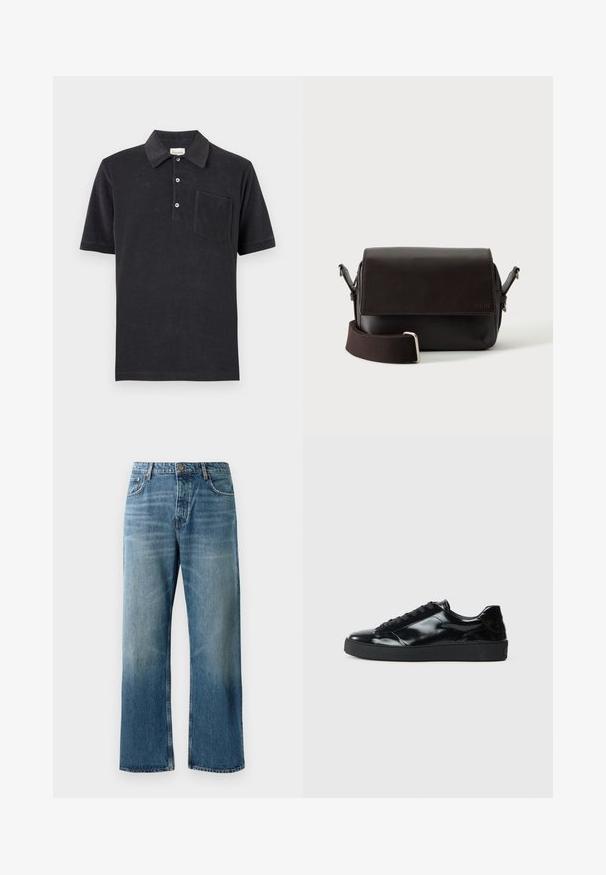 Polo noir à manches courtes avec trois boutons blancs et une poche poitrine, posé à plat sur un fond neutre.; Jeans oversize bleu clair avec un délavage, featuring une fermeture à un bouton, cinq poches et des coutures contrastées.; Baskets en cuir verni noir avec un bout arrondi, un laçage, une semelle en caoutchouc texturé et une finition lisse.; Sac bandoulière en cuir marron foncé avec fermeture à rabat et sangle en tissu réglable sur fond blanc.