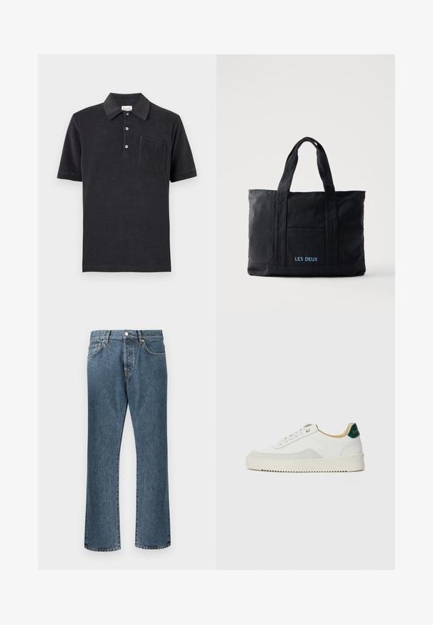 Polo noir à manches courtes avec trois boutons blancs et une poche poitrine, posé à plat sur un fond neutre.; Jean en denim bleu avec une coupe droite, dotés d'une fermeture classique à bouton et à glissière, de cinq poches et d’un léger délavage.; Baskets blanches avec des accents en daim, bout arrondi, lacets plats et semelle en caoutchouc crème. Présente une marque verte sur le talon.; Sac cabas en toile noire avec deux anses, poche avant et "LES DEUX" brodé en bleu sur la poche avant.