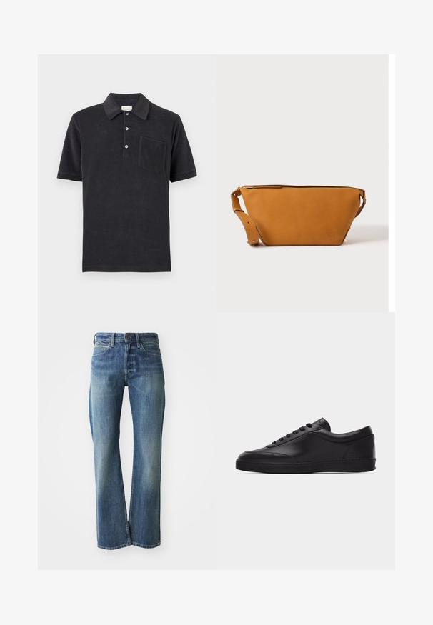 Polo noir à manches courtes avec trois boutons blancs et une poche poitrine, posé à plat sur un fond neutre.; Jeans en denim de couleur bleu clair à moyen, coupe droite, design classique à cinq poches et décoloration subtile à l'avant.; Baskets basses en cuir noir avec lacets sur le devant et semelle en caoutchouc plate, vues de côté sur un fond blanc uni.; Sac bandoulière en cuir marron clair avec sangle réglable et fermeture éclair, présenté sur un fond clair uni.