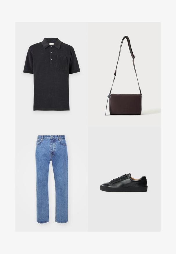 Polo noir à manches courtes avec trois boutons blancs et une poche poitrine, posé à plat sur un fond neutre.; Won Hundred STEVE - Jean boyfriend - cut blue; Baskets en cuir noir avec une texture lisse, bout rond et fermeture à lacets. Comprend une semelle en caoutchouc épaisse et un minimum de détails de marque.; Sac bandoulière en cuir marron foncé texturé avec une sangle réglable et un petit accent décoratif bleu sur le côté.