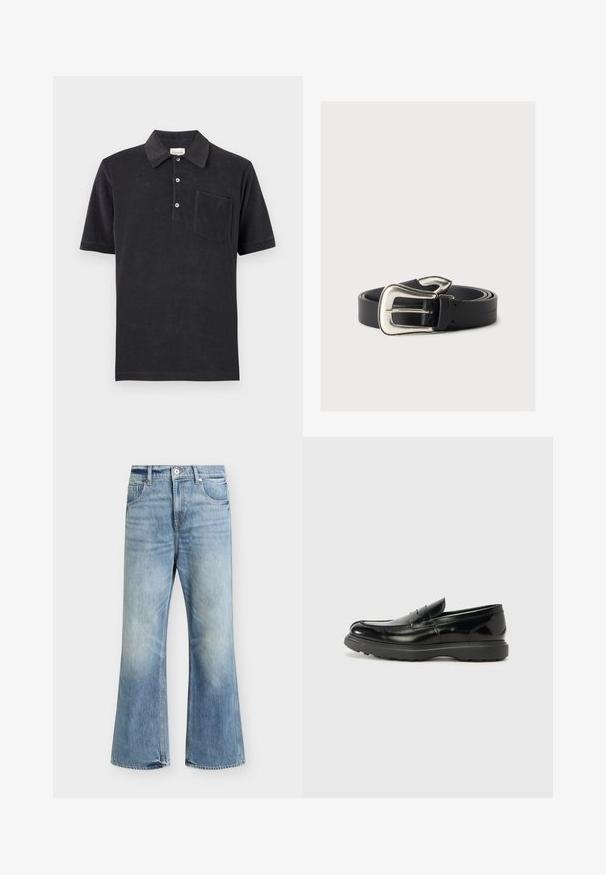 Polo noir à manches courtes avec trois boutons blancs et une poche poitrine, posé à plat sur un fond neutre.; Jean bleu clair taille haute jambe large, fermeture devant par bouton et zip, deux poches avant et délavage subtil sur les cuisses et les genoux.; Mocassin en cuir noir avec une finition brillante, bout arrondi, détails de couture subtils et semelle en caoutchouc épaisse pour la durabilité.; Ceinture en cuir noir avec une grande boucle argentée de style western, enroulée sur un fond neutre.